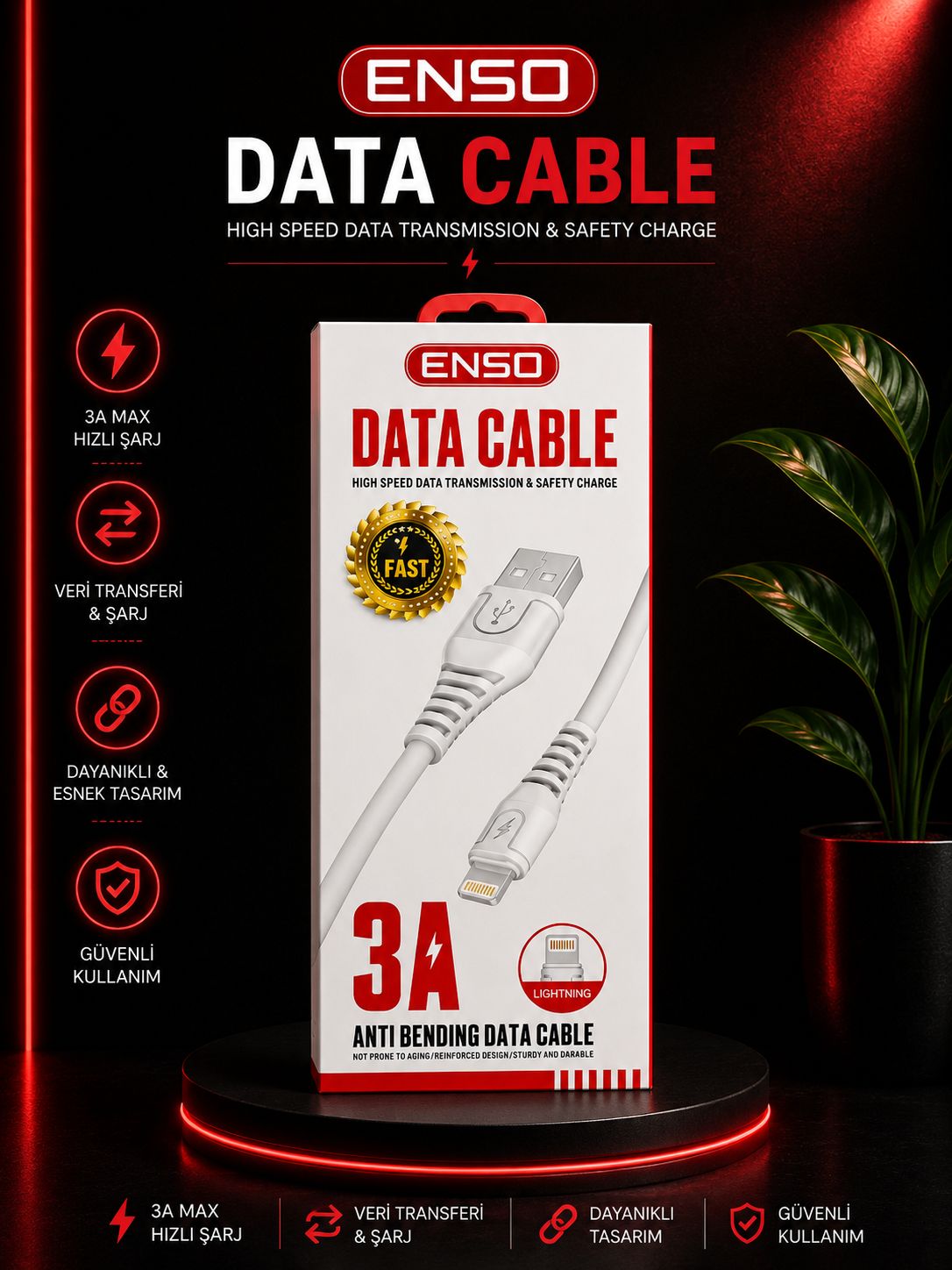 كابل شحن USB إلى آيفون بقوة 3 أمبير